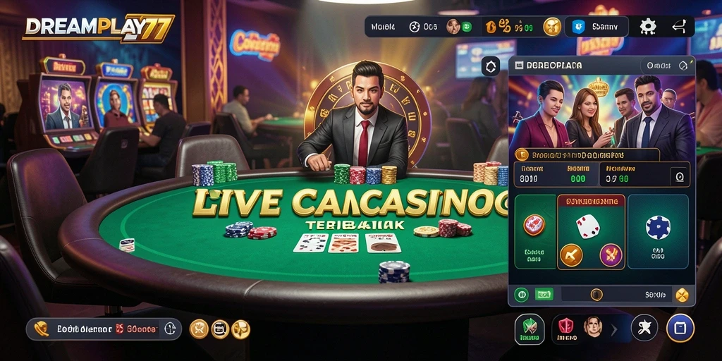 Screenshot gameplay Live Casino di DREAMPLAY77 yang menampilkan dealer profesional dan interaksi langsung.