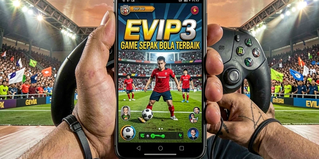Tampilan gameplay EVIP3 dengan grafik cemerlang dan aksi sepak bola nyata.