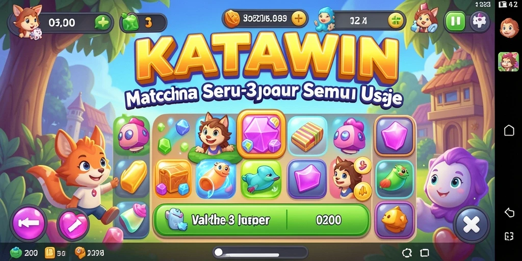 Tampilan gameplay KATAWIN dengan kombinasi warna cerah dan elemen match-3.
