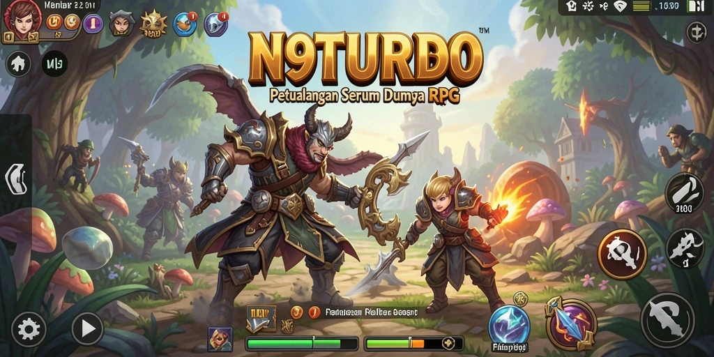 Screenshot N9TURBO menampilkan para pahlawan dalam pertempuran epik.