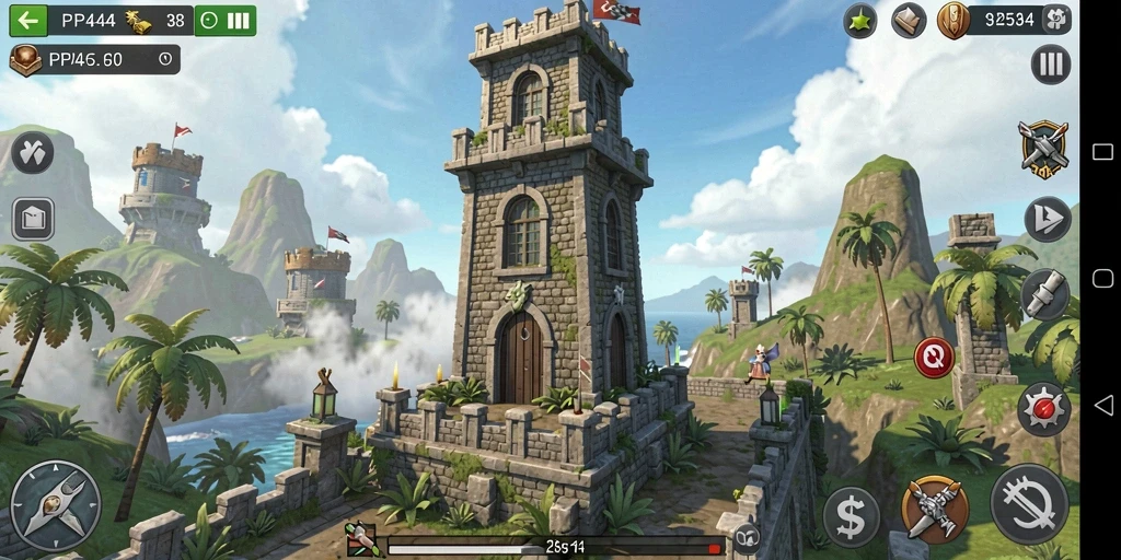 Screenshot gameplay PP444 menampilkan menara yang bertempur melawan gelombang musuh.