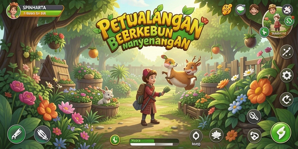 Screenshot gameplay SPINHARTA menampilkan kebun hijau yang indah dan aktivitas berkebun.
